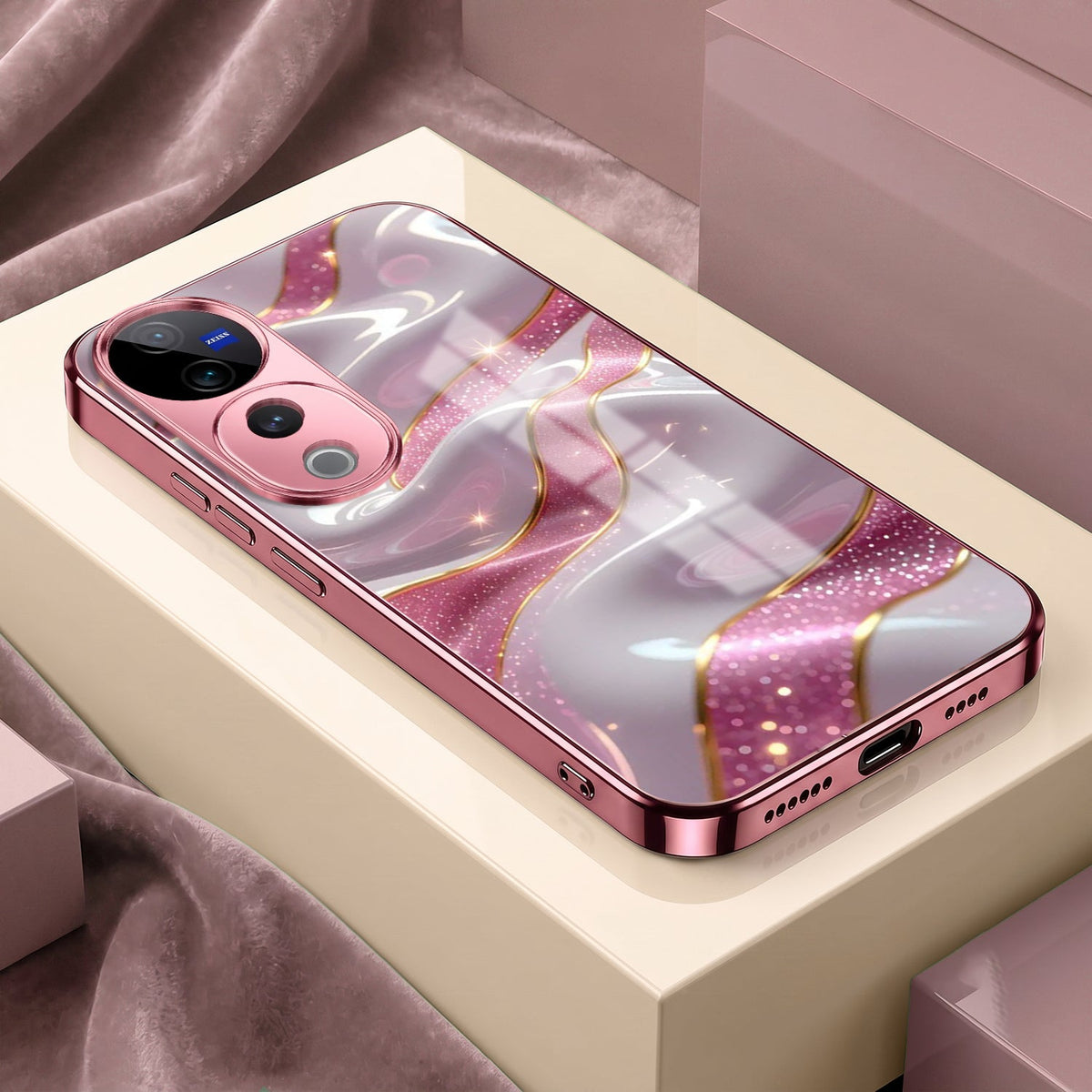 Vivo V40 Pro 5G Pearl Marble Pink Electroplated Glass Phone Back Case