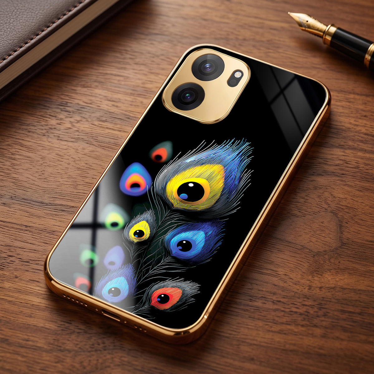 OnePlus Nord CE6 5G Multi-Feather Peacock Gold Electroplated Glass Phone Back Case