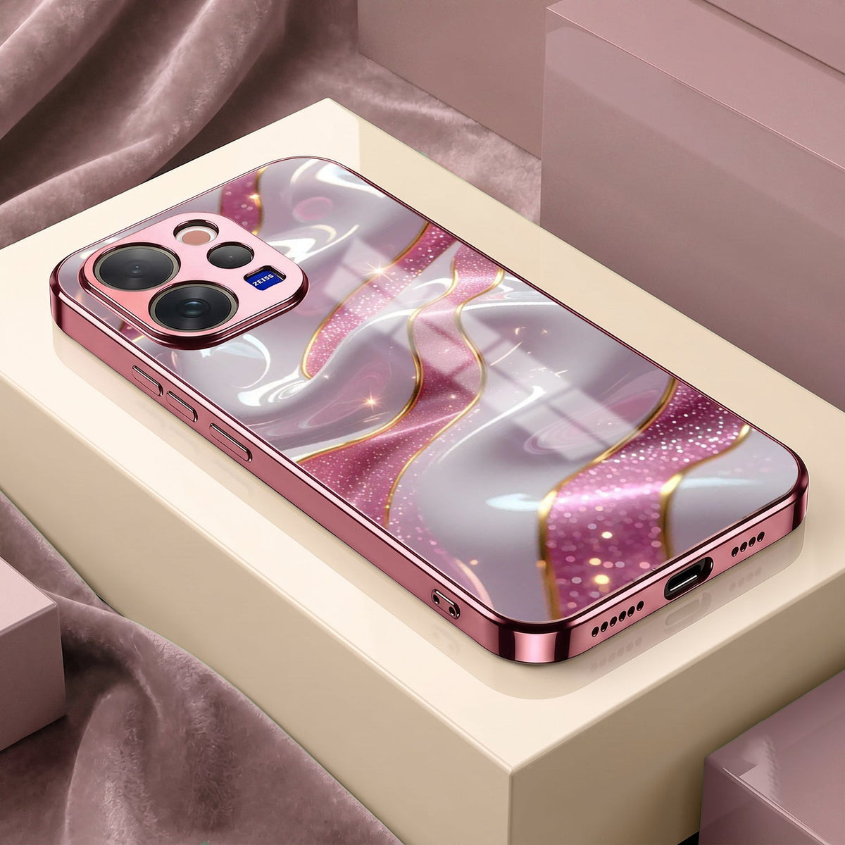 Vivo V70 5G Pearl Marble Pink Electroplated Glass Phone Back Case