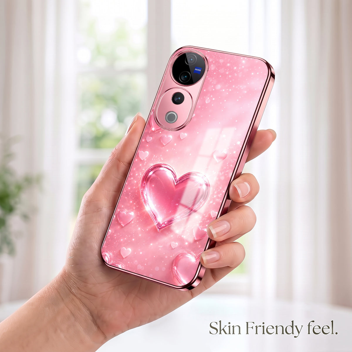 Vivo V40 Pro 5G Luxury 3D Jelly Heart Pink Electroplated Glass Phone Back Case