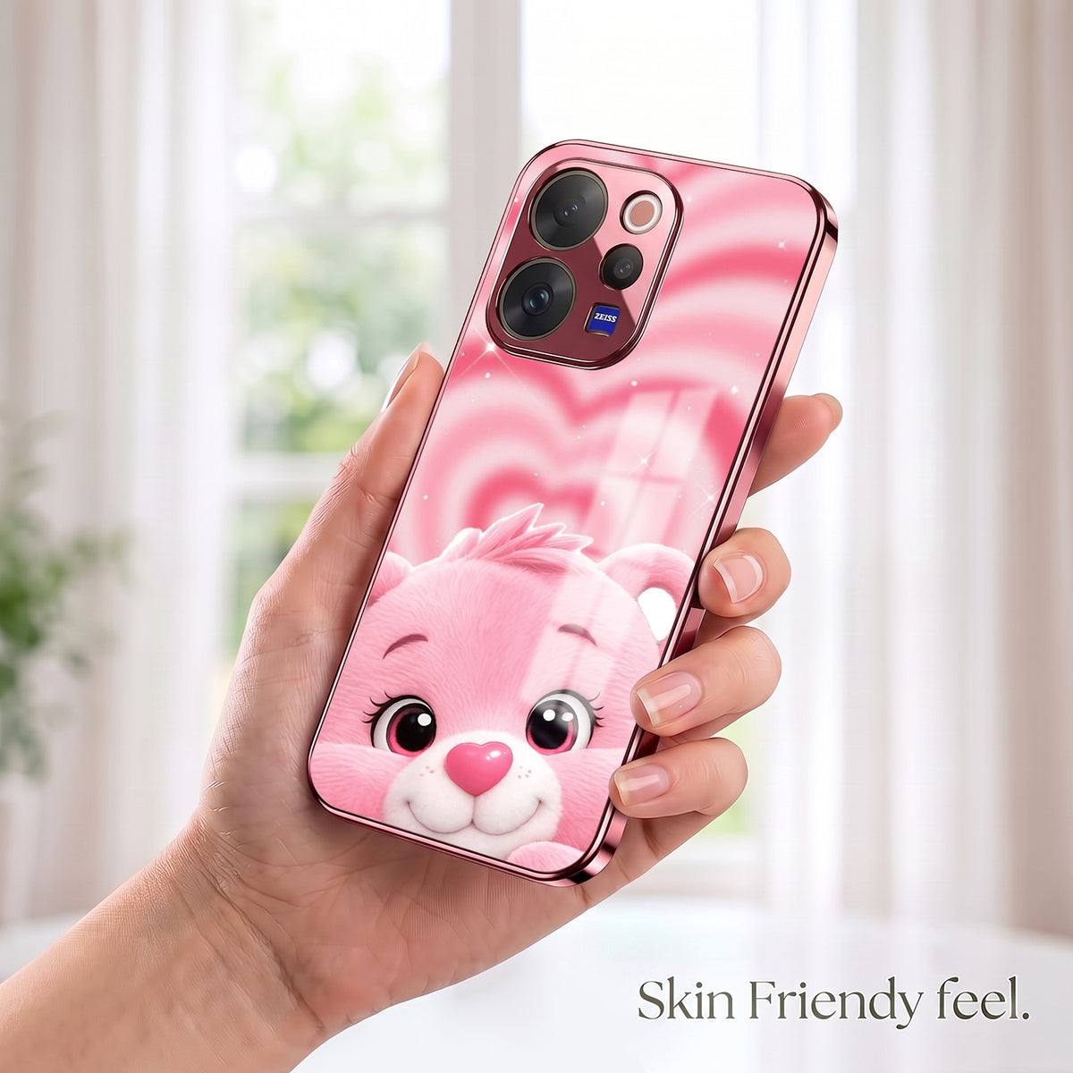 Vivo V70 5G Luxury Cute Teddy Pink Electroplated Glass Phone Back Case