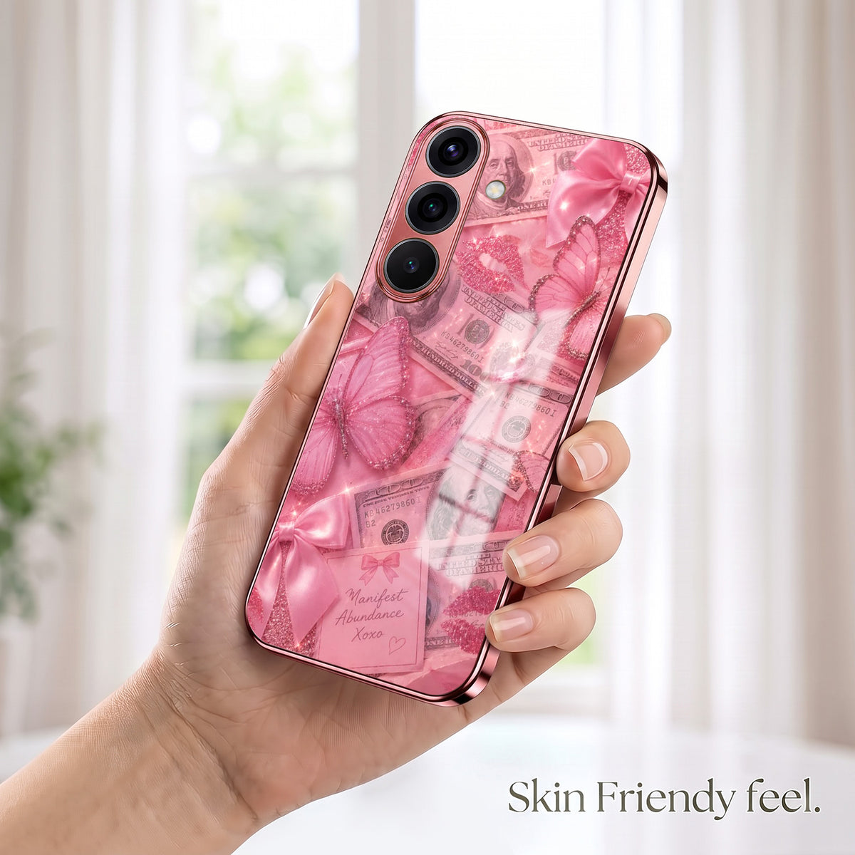 Samsung Galaxy A36 5G Luxury Dollar Butterfly Pink Electroplated Glass Phone Back Case