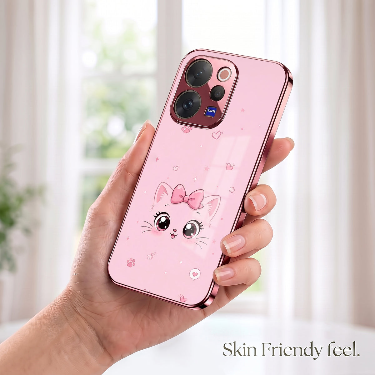 Vivo V70 5G Luxury Cute Cat Pink Electroplated Glass Phone Back Case
