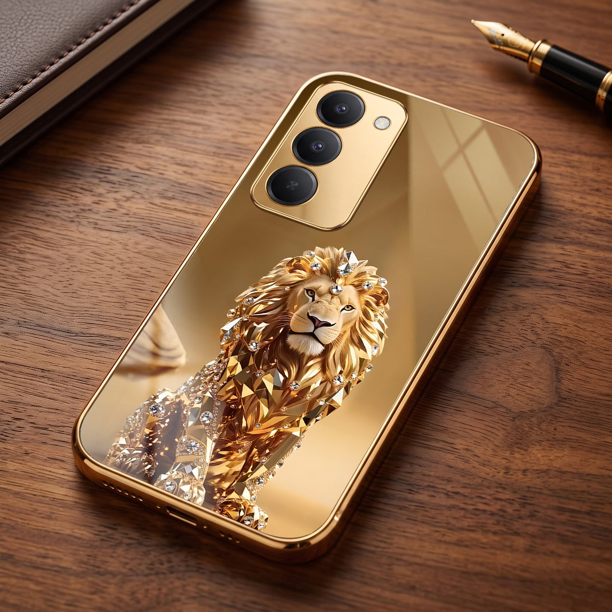 Redmi 15 5G Luxury Lion Gold Electroplated Glass Phone Back Case