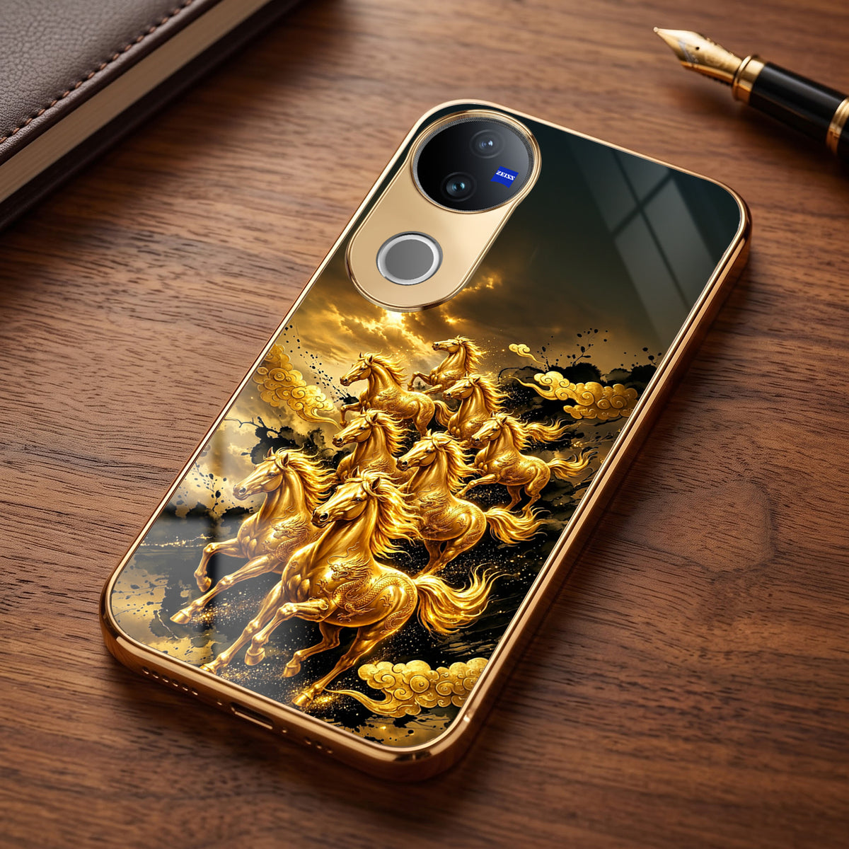 Vivo V50 5G Horses Royal Glory Gold Electroplated Glass Phone Back Case