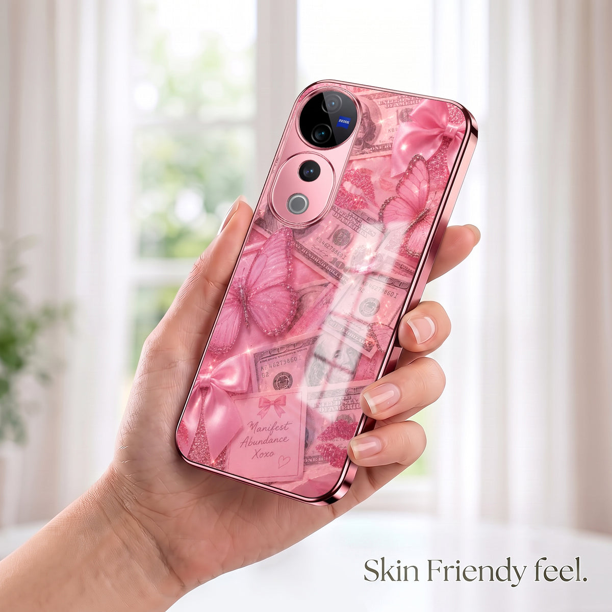 Vivo V40 Pro 5G Luxury Dollar Butterfly Pink Electroplated Glass Phone Back Case