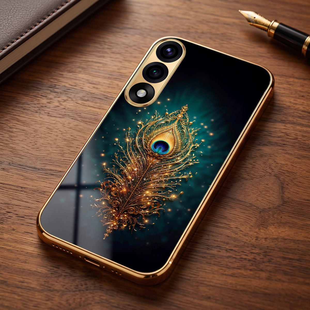 Oneplus Nord 5 5G Golden Peacock Feather Gold Electroplated Glass Phone Back Case