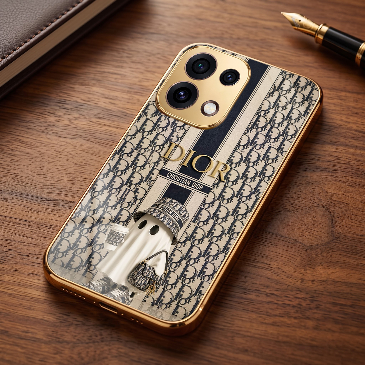 Oppo Reno 16C 5G Luxury Dior Gold Electroplated Glass Phone Back Case