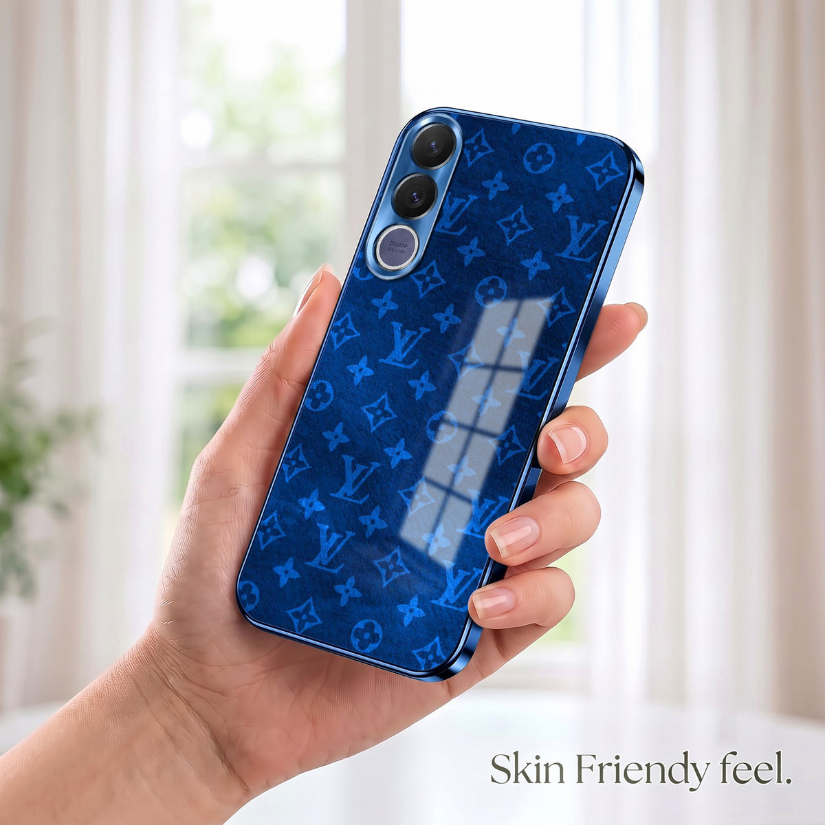 Vivo V70 FE 5G Luxury Monogram Blue Electroplated Glass Phone Back Case