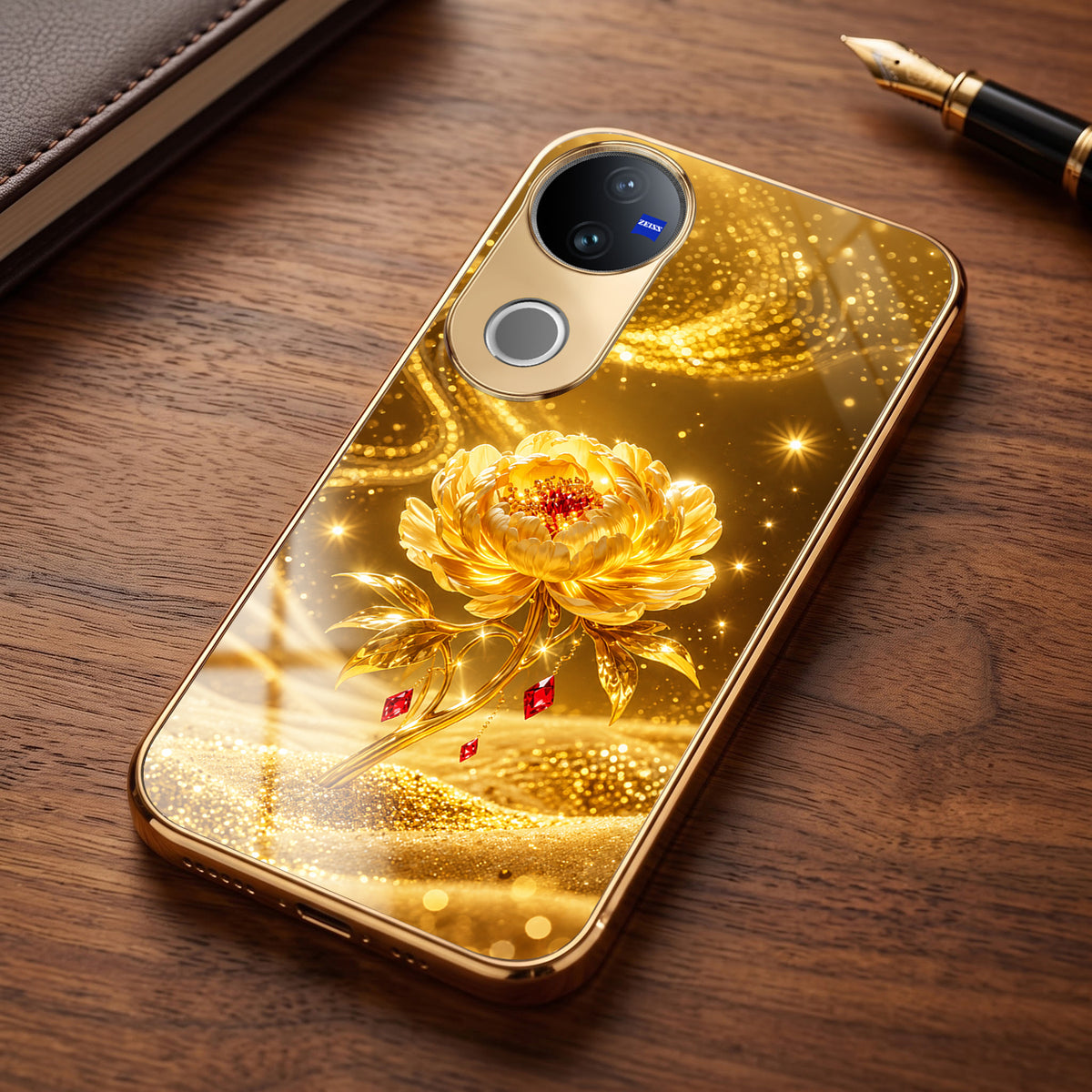 Vivo V50 5G Golden Rose Elegance Gold Electroplated Glass Phone Back Case
