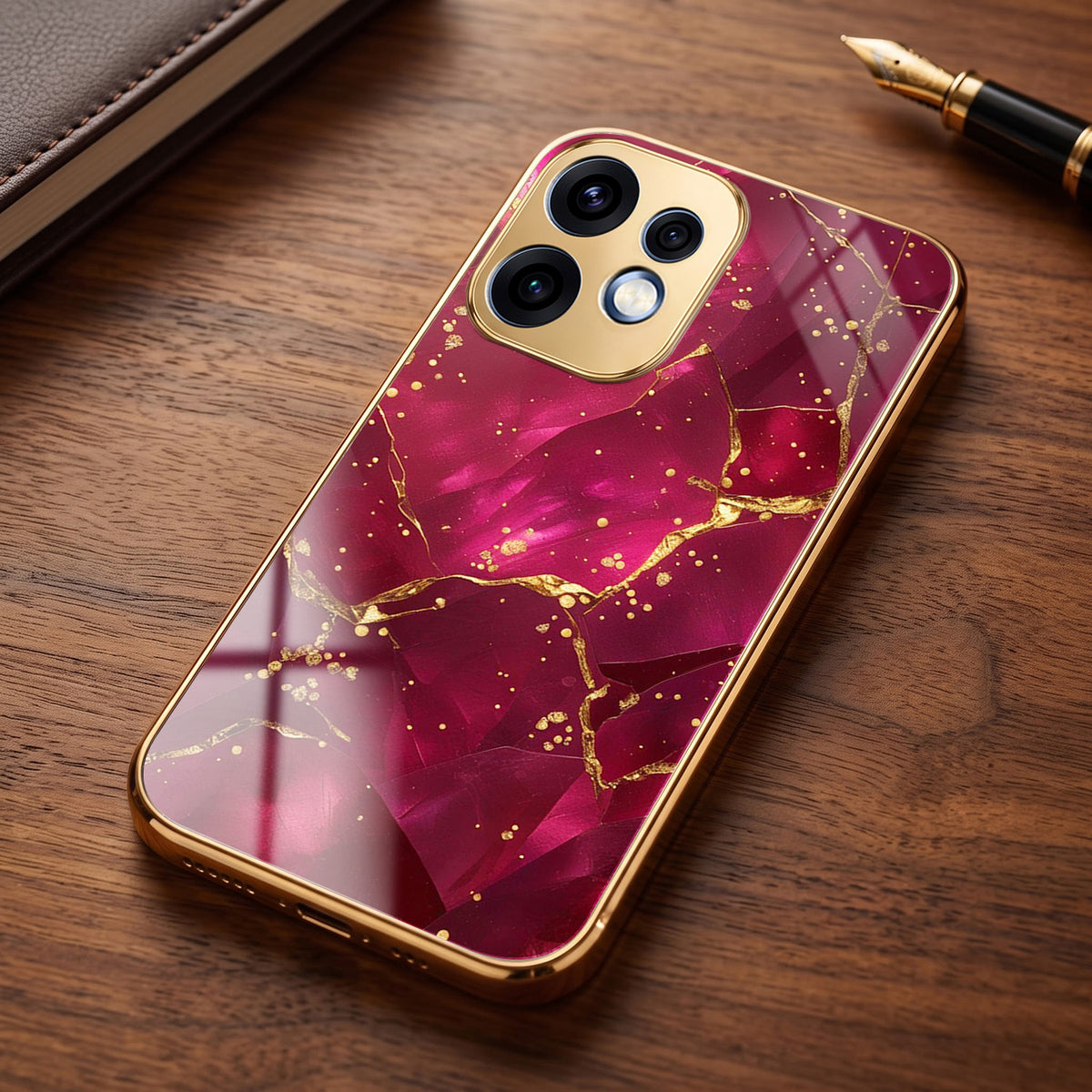 Oppo Reno 16 5G Luxury Crimson Marble Gold Electroplated Glass Phone Back Case