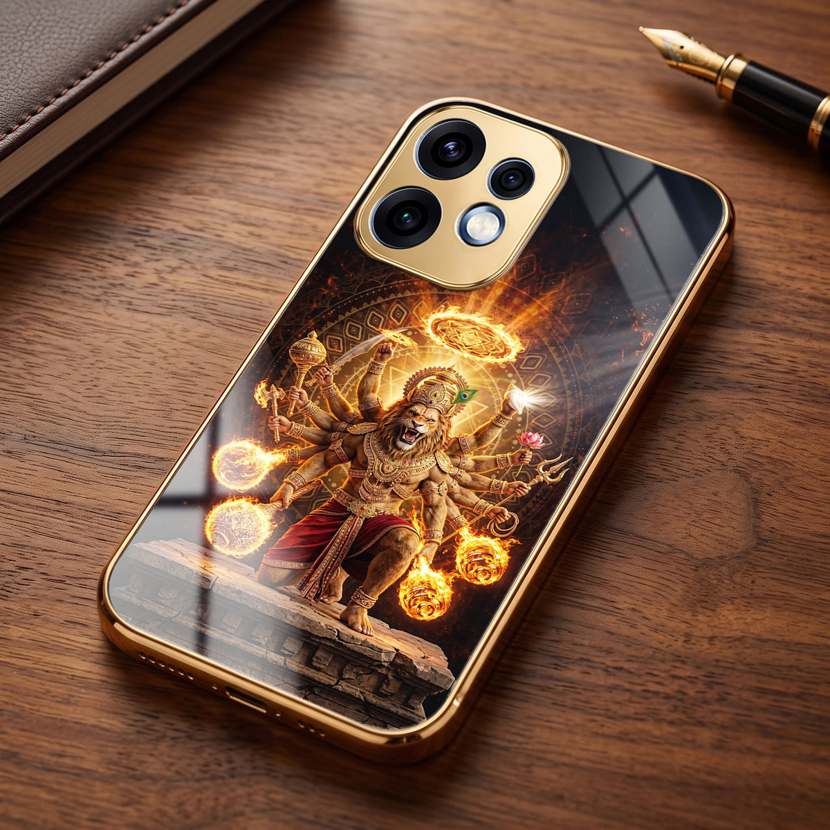 Oppo Reno 16 5G Lord Narasimha Gold Electroplated Glass Phone Back Case
