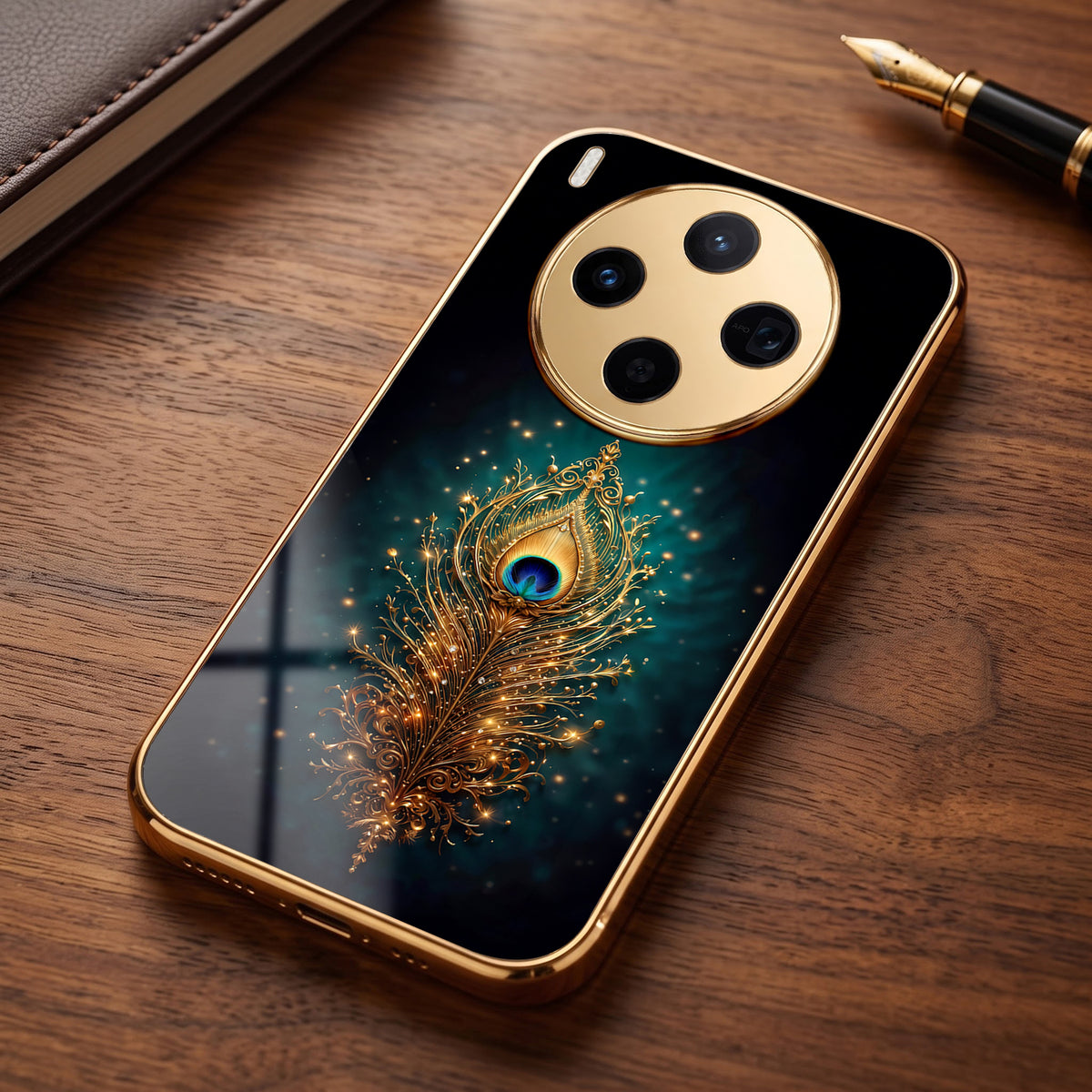 Vivo X300 5G Golden Peacock Feather Gold Electroplated Glass Phone Back Case