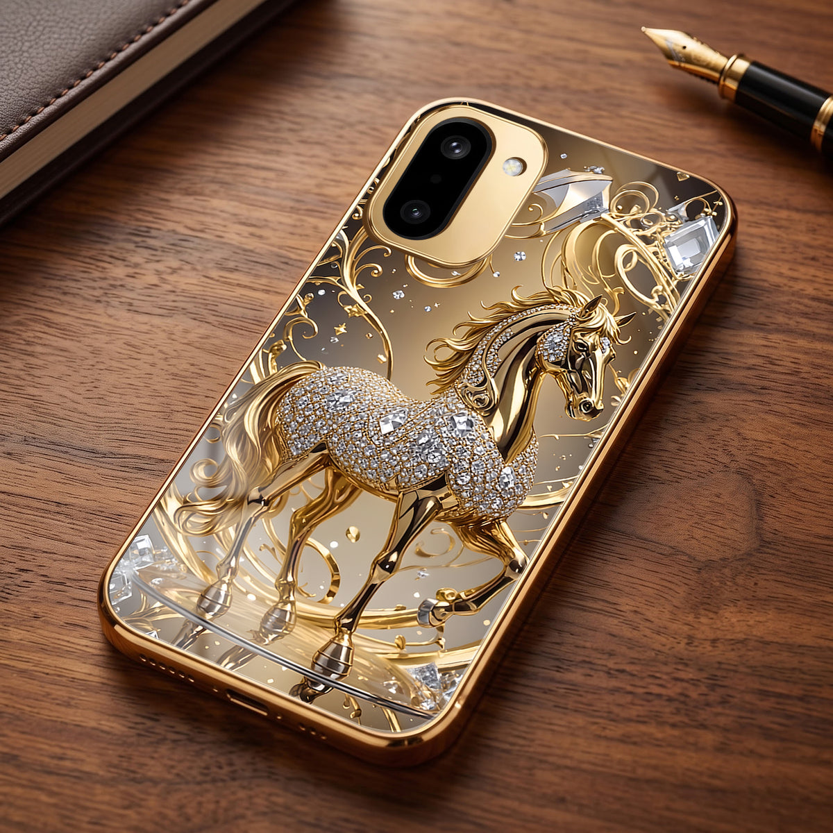 OnePlus 15R 5G Luxury Horse Texture Gold Electroplated Glass Phone Back Case