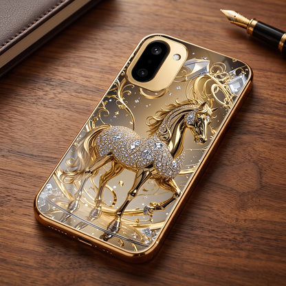 OnePlus 15R 5G Luxury Horse Texture Gold Electroplated Glass Phone Back Case