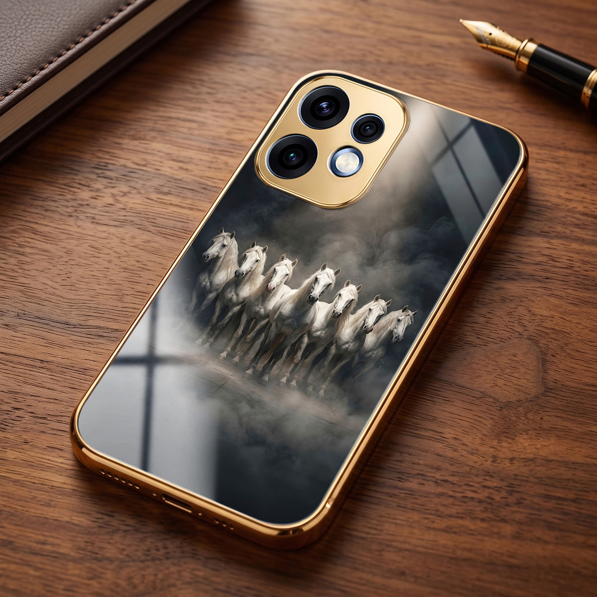 Oppo Reno 16 5G Running Horses Gold Electroplated Glass Phone Back Case