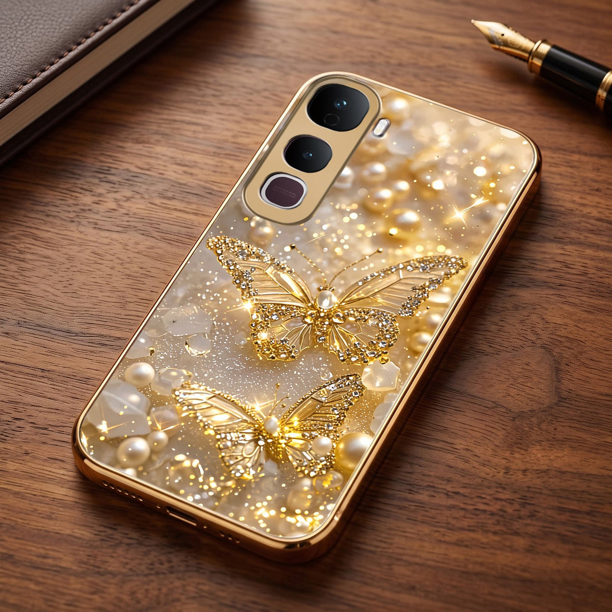 Vivo Y400 Pro 5G Golden Butterfly Gold Electroplated Glass Phone Back Case