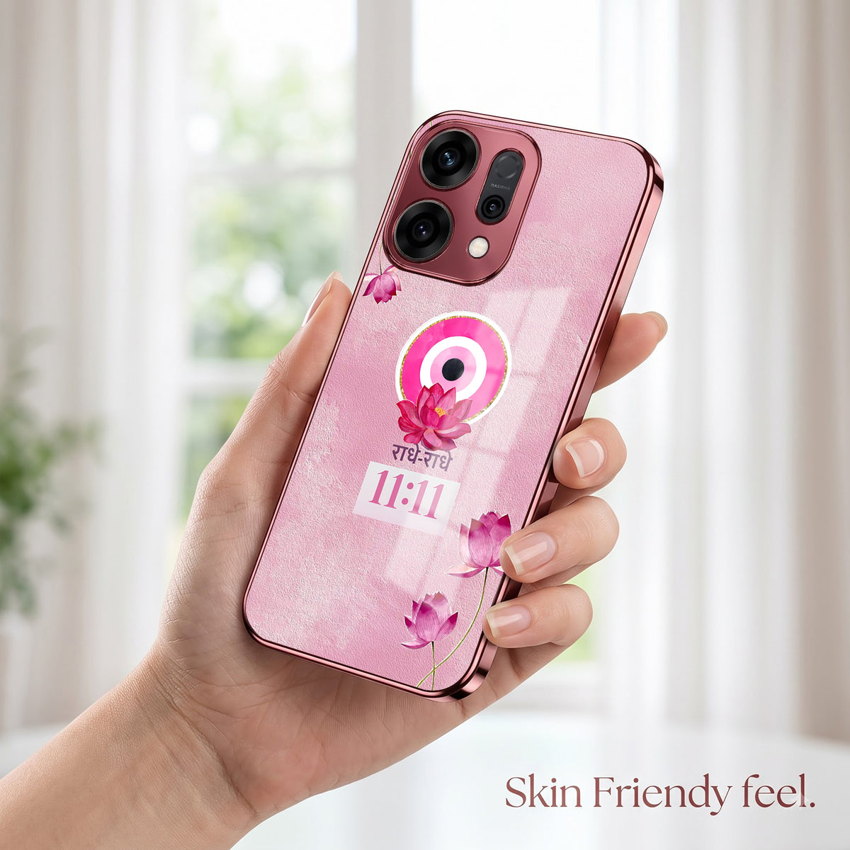 Oppo Reno 14 5G Luxury Radhe Radhe 11:11 Pink Electroplated Glass Phone Back Case