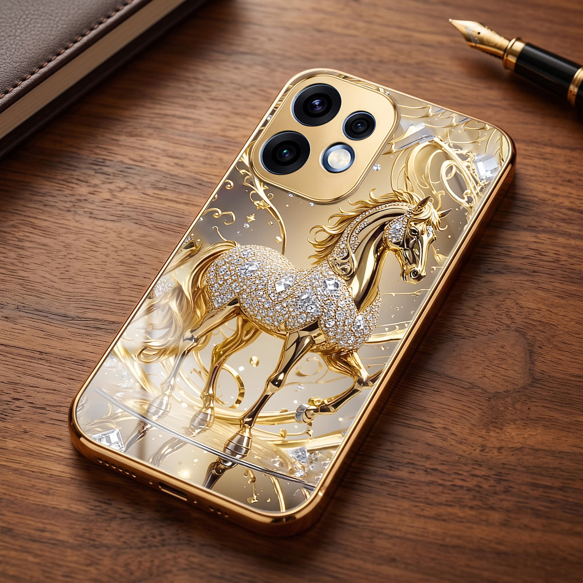 Oppo Reno 16 5G Luxury Horse Texture Gold Electroplated Glass Phone Back Case