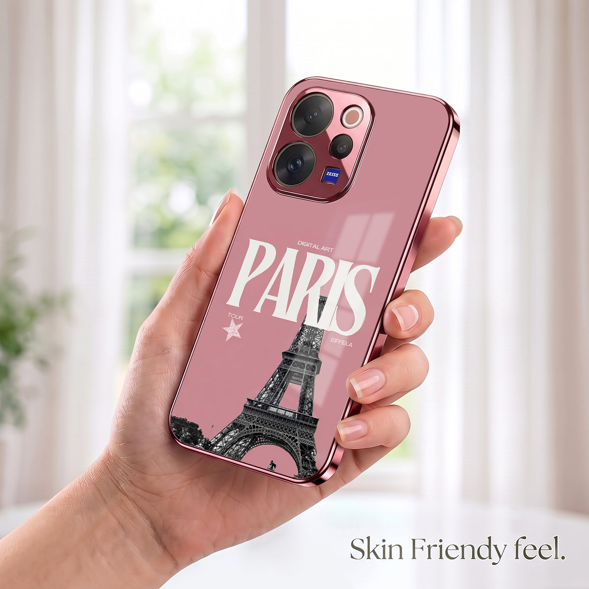 Vivo V70 5G Luxury Paris Tower Pink Electroplated Glass Phone Back Case