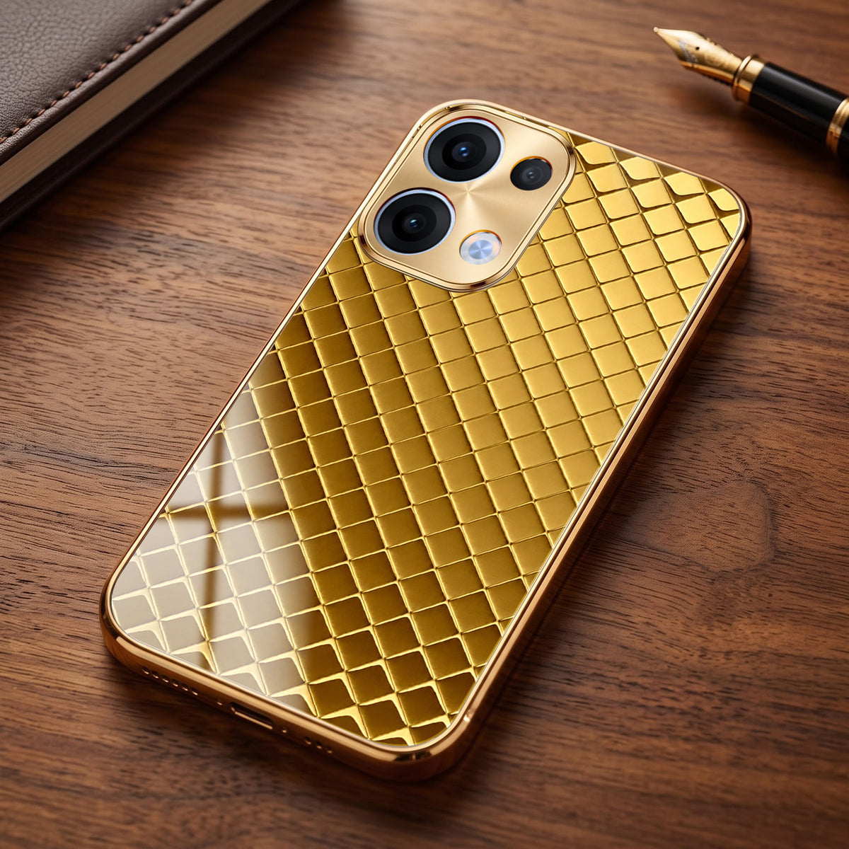 Oppo Reno 13 5G Golden Criss Cross Gold Electroplated Glass Phone Back Case
