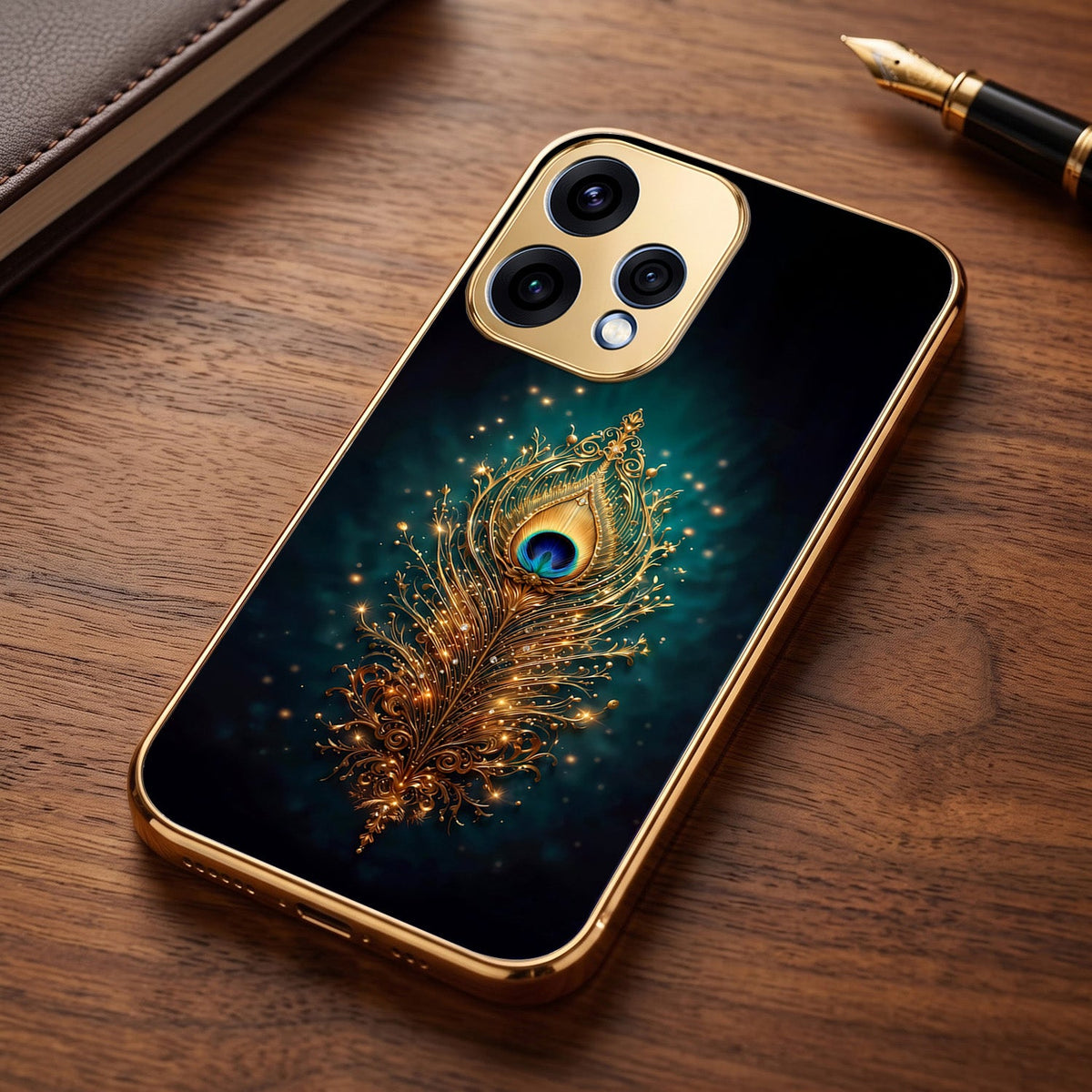 Oppo Reno 15 5G Golden Peacock Feather Gold Electroplated Glass Phone Back Case