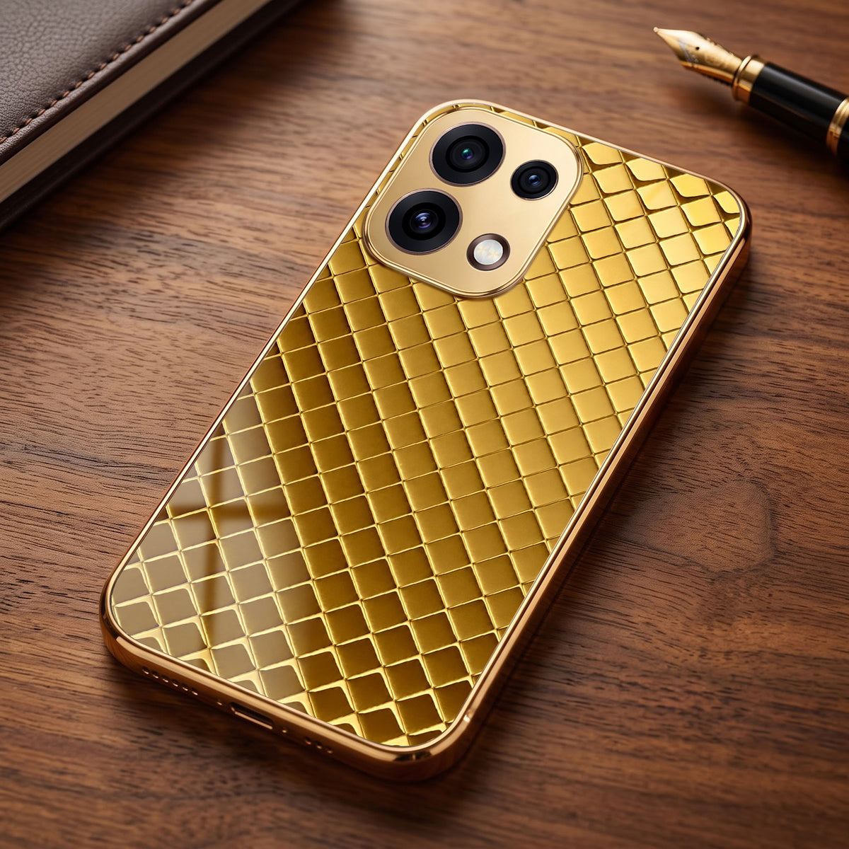 Oppo Reno 16C 5G  Golden Criss Cross Gold Electroplated Glass Phone Back Case