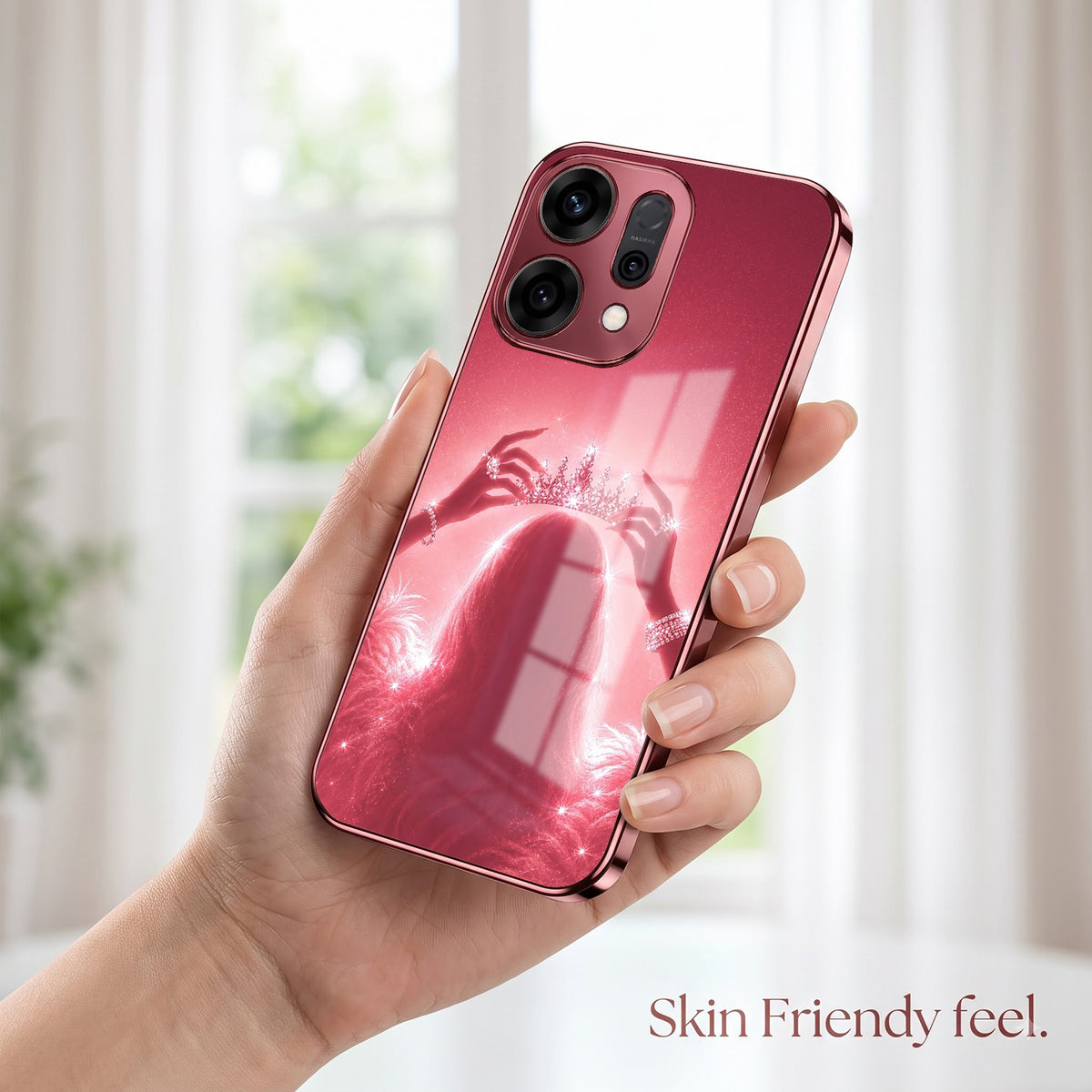 Oppo Reno 14 5G Luxury Crown Queen Pink Electroplated Glass Phone Back Case