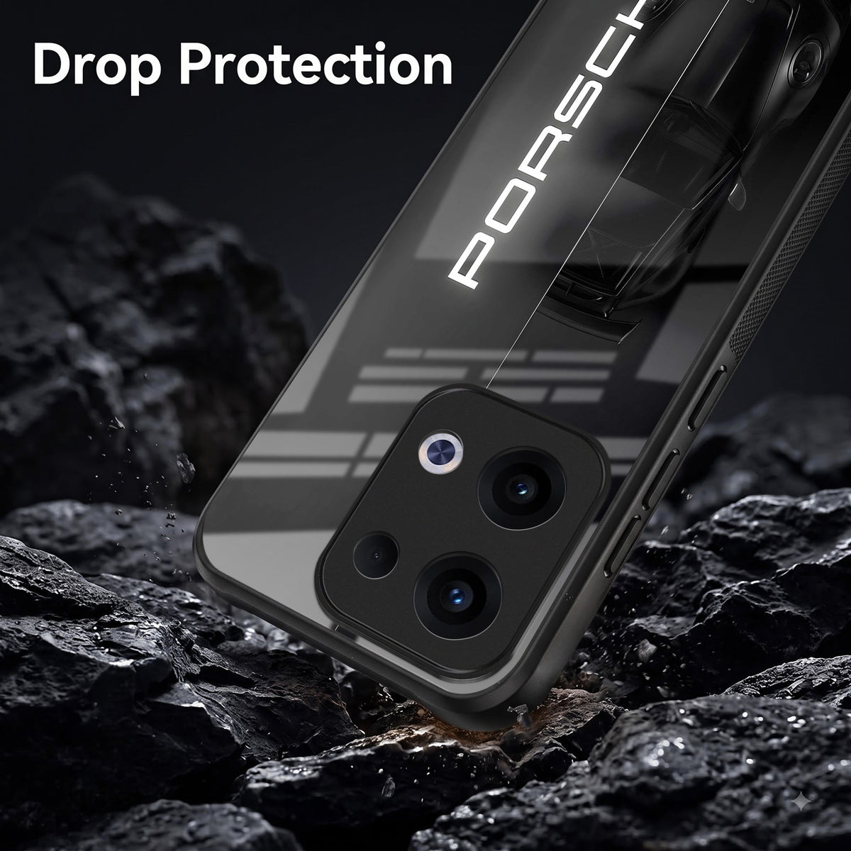 Oppo Reno 13 5G 5G Premium Acrylic Shockproof Glass Back Case (Black Porsche)