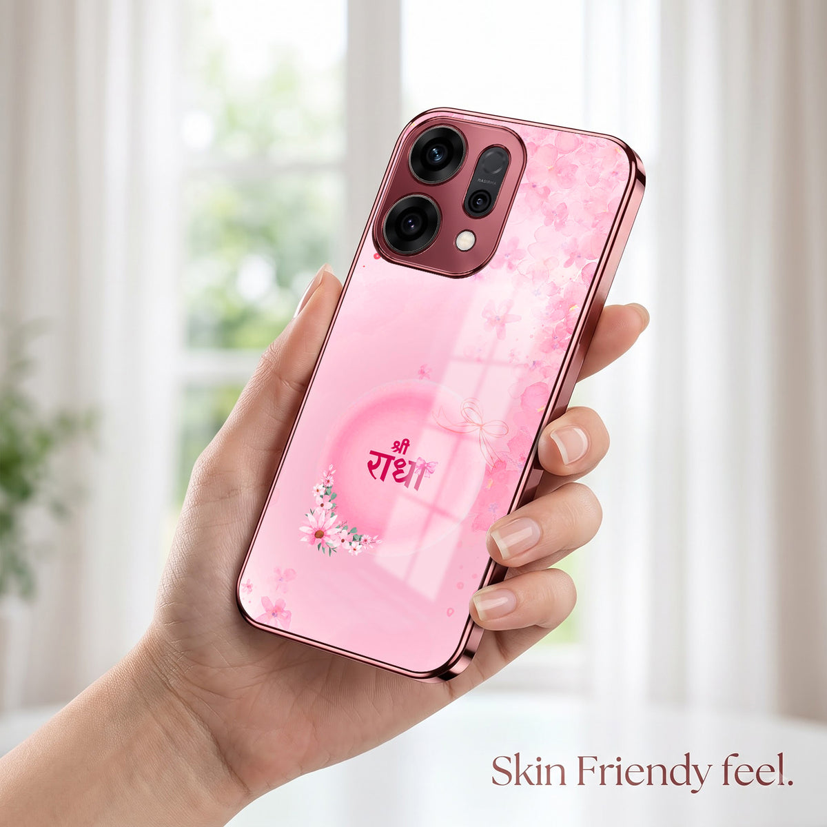 Oppo Reno 14 5G Luxury Shree Radha Pink Electroplated Glass Phone Back Case