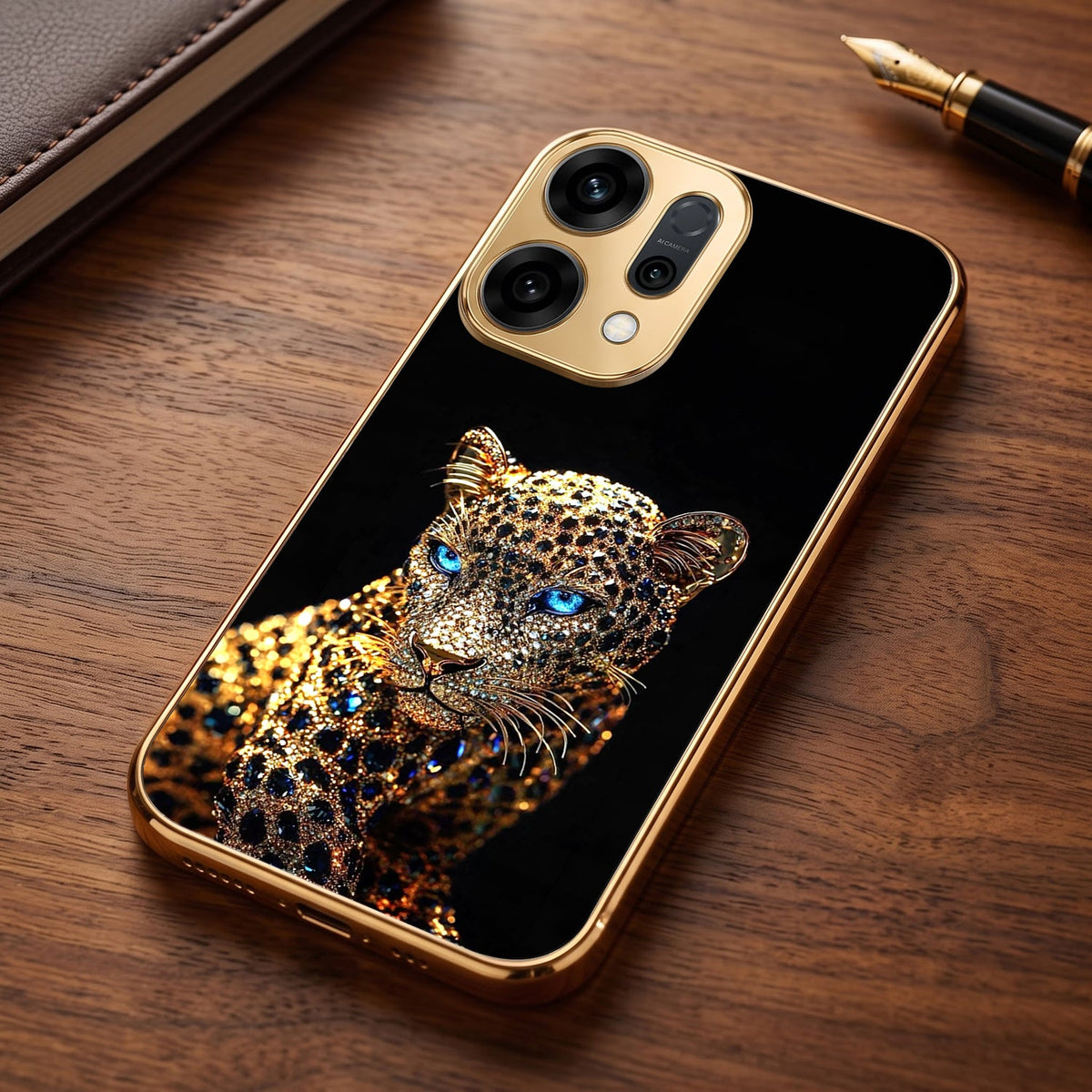 Oppo Reno 14 5G Panther Gold Electroplated Glass Phone Back Case