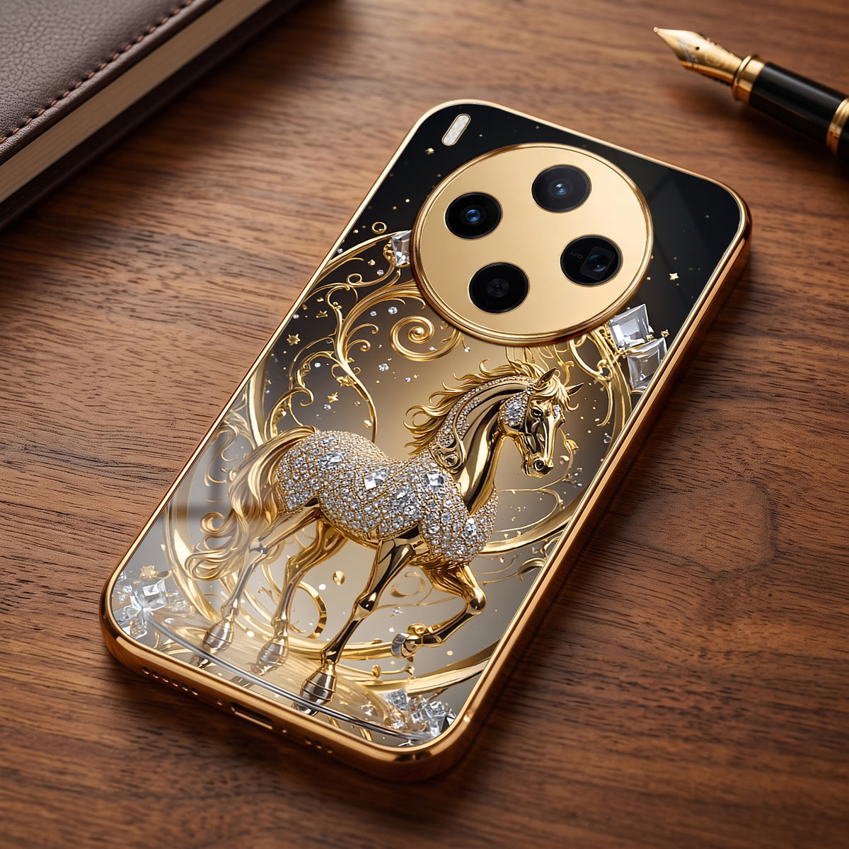 Vivo X300 5G Luxury Horse Texture Gold Electroplated Glass Phone Back Case