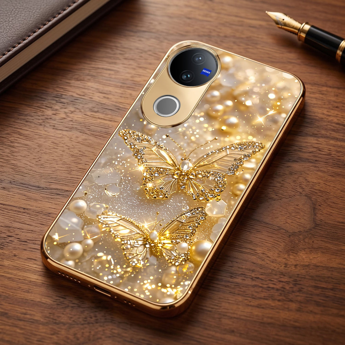 Vivo V50 5G Golden Butterfly Gold Electroplated Glass Phone Back Case