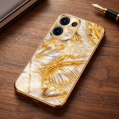 Oppo Reno 13 5G Golden Feather Marble Gold Electroplated Glass Phone Back Case