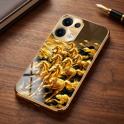 Oppo Reno 13 5G Horses Royal Glory Gold Electroplated Glass Phone Back Case