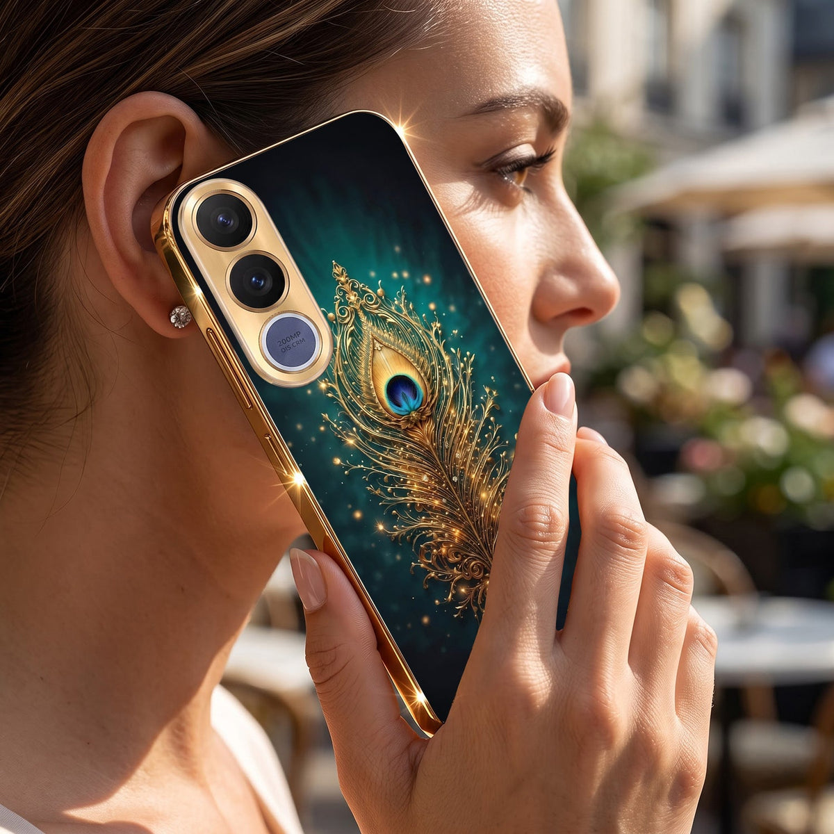 Vivo V70 FE 5G Golden Peacock Feather Gold Electroplated Glass Phone Back Case