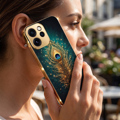 Oppo Reno 15 Pro Mini 5G Golden Peacock Feather Gold Electroplated Glass Phone Back Case