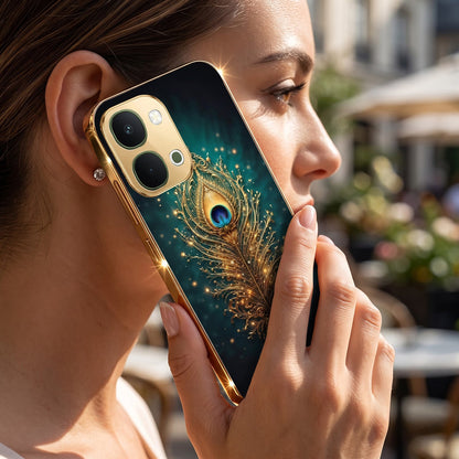 Vivo T5x 5G Golden Peacock Feather Gold Electroplated Glass Phone Back Case
