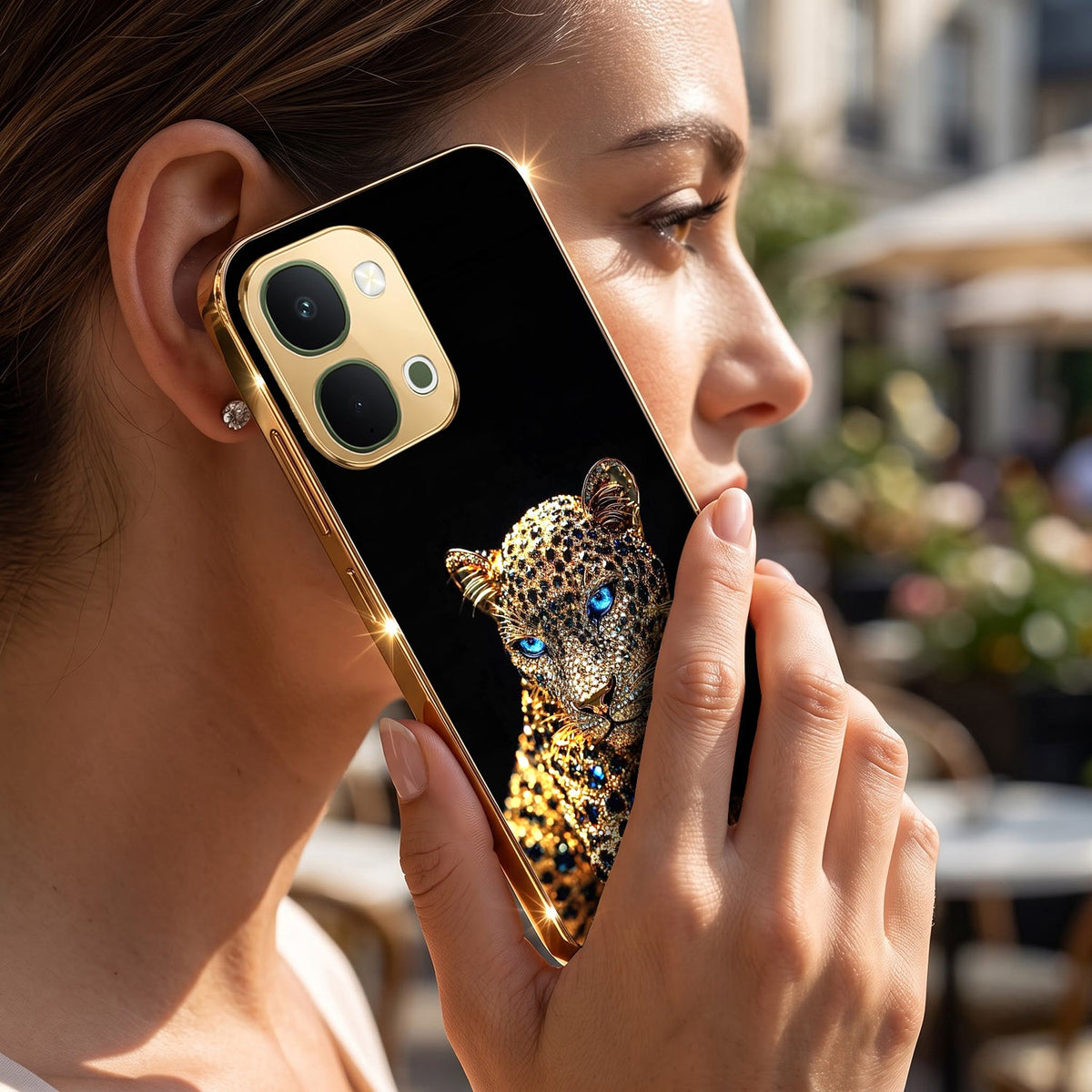 Vivo T5x 5G Panther Gold Electroplated Glass Phone Back Case