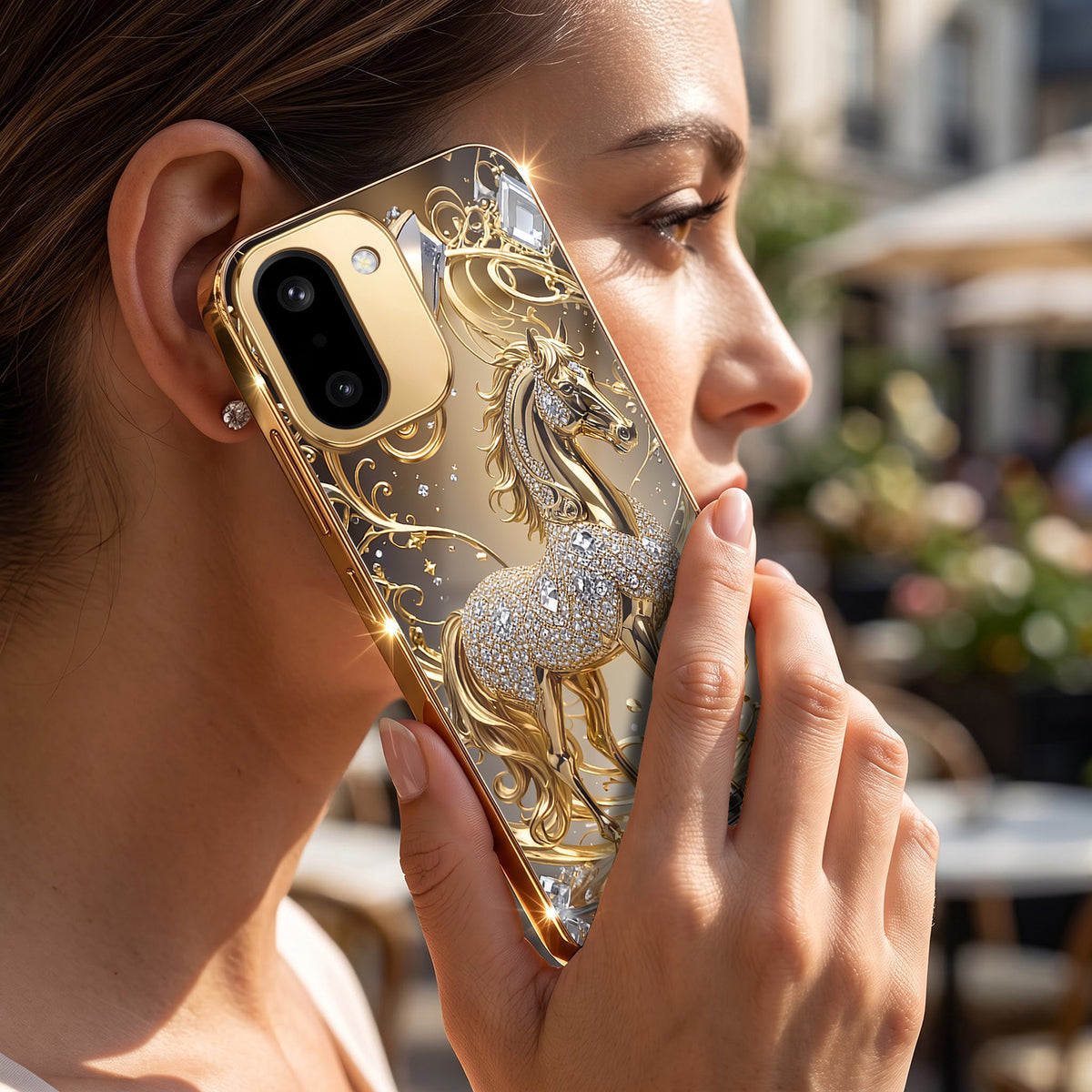 OnePlus 15R 5G Luxury Horse Texture Gold Electroplated Glass Phone Back Case