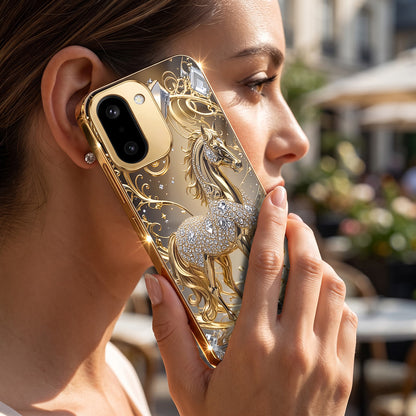 OnePlus 15R 5G Luxury Horse Texture Gold Electroplated Glass Phone Back Case