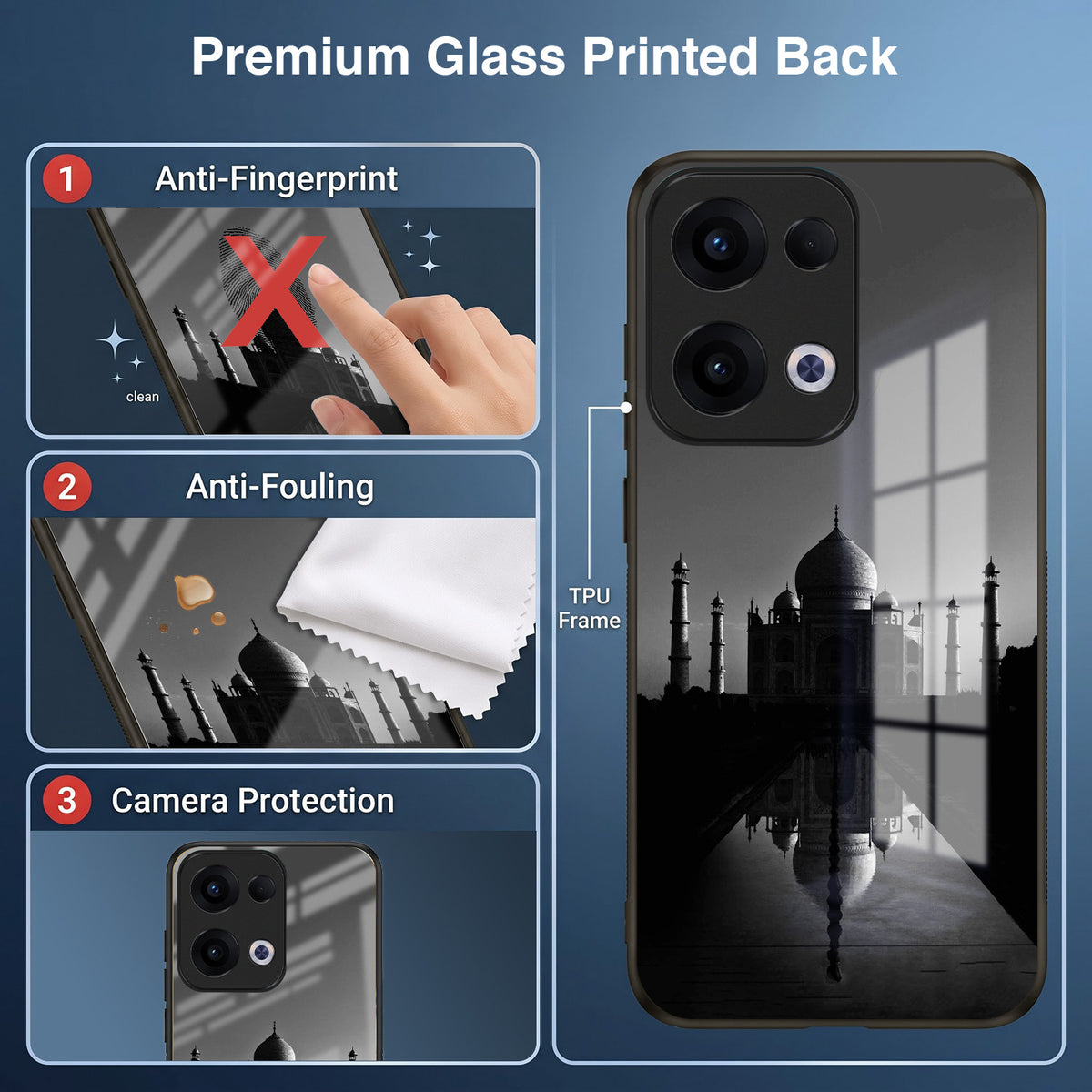 Oppo Reno 13 5G Premium Acrylic Shockproof Glass Back Case (Taj Mahal)