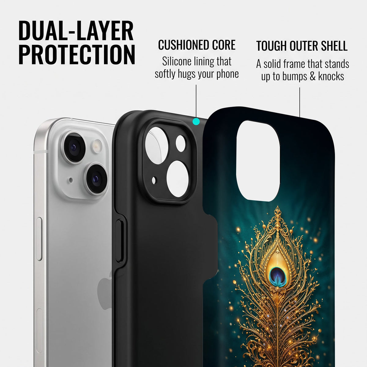 iPhone 15 5G Golden Peacock Feather Protective Cases