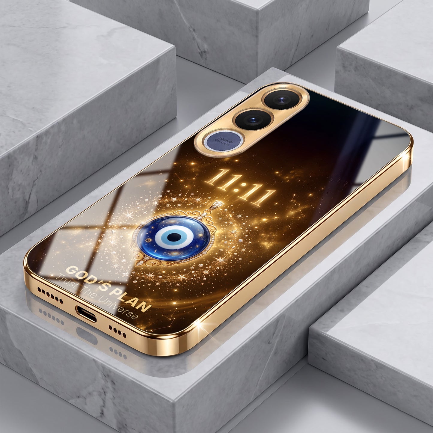 Vivo V70 Fe God’s Plan Evil Eye Gold Electroplated Glass Phone Back Case