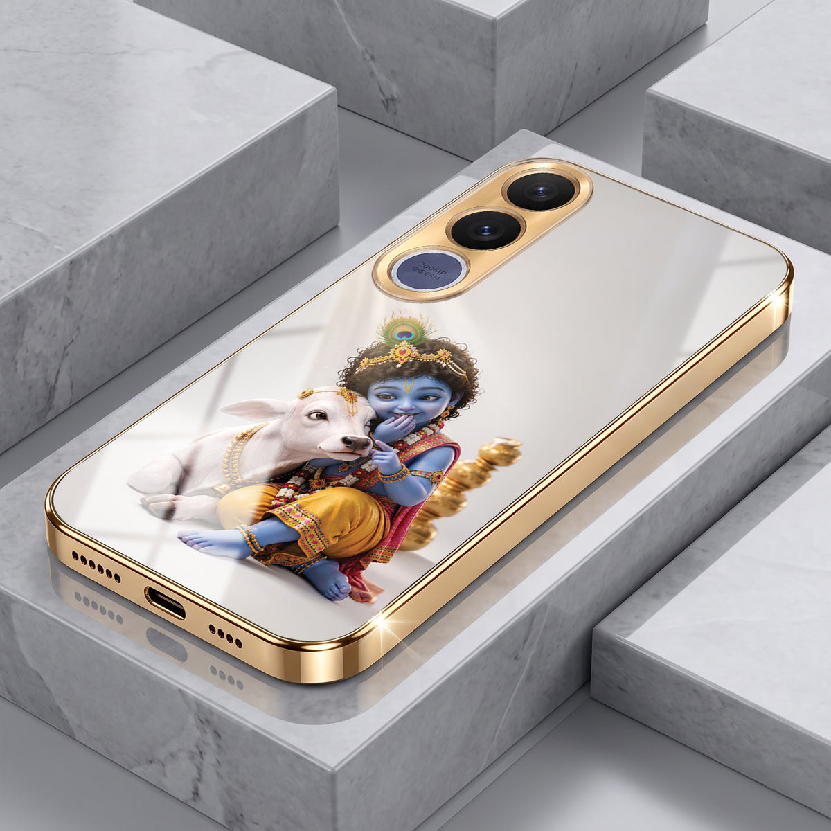 Vivo V70 Fe Bal Krishna Blessings Gold Electroplated Glass Phone Back Case