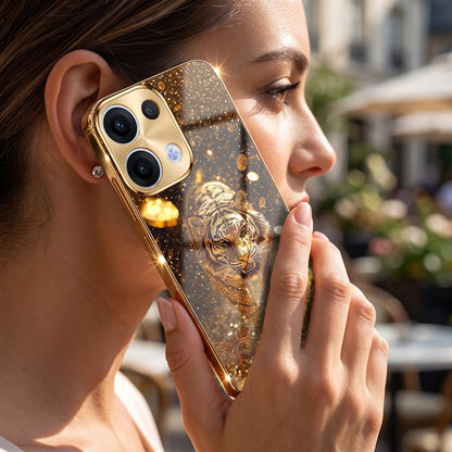Oppo Reno 13 5G Luxury Tiger Gold Electroplated Glass Phone Back Case