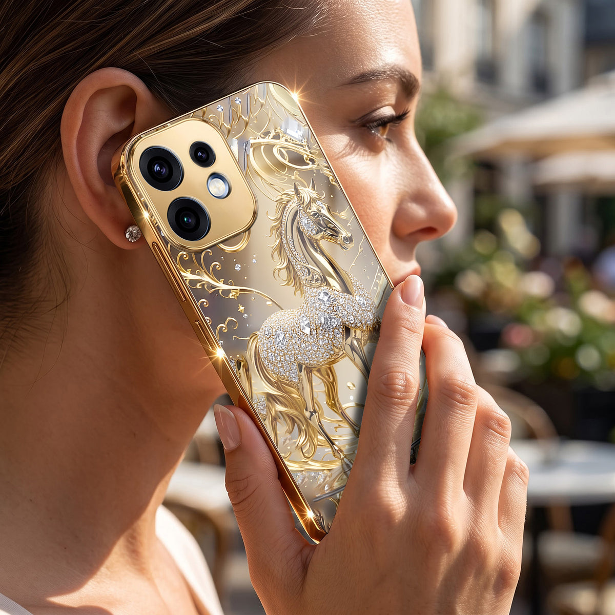 Oppo Reno 16 5G Luxury Horse Texture Gold Electroplated Glass Phone Back Case