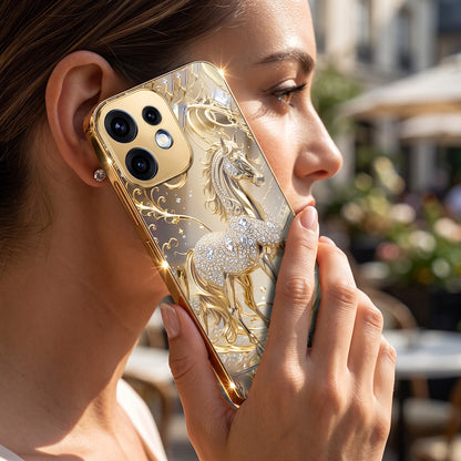 Oppo Reno 16 5G Luxury Horse Texture Gold Electroplated Glass Phone Back Case