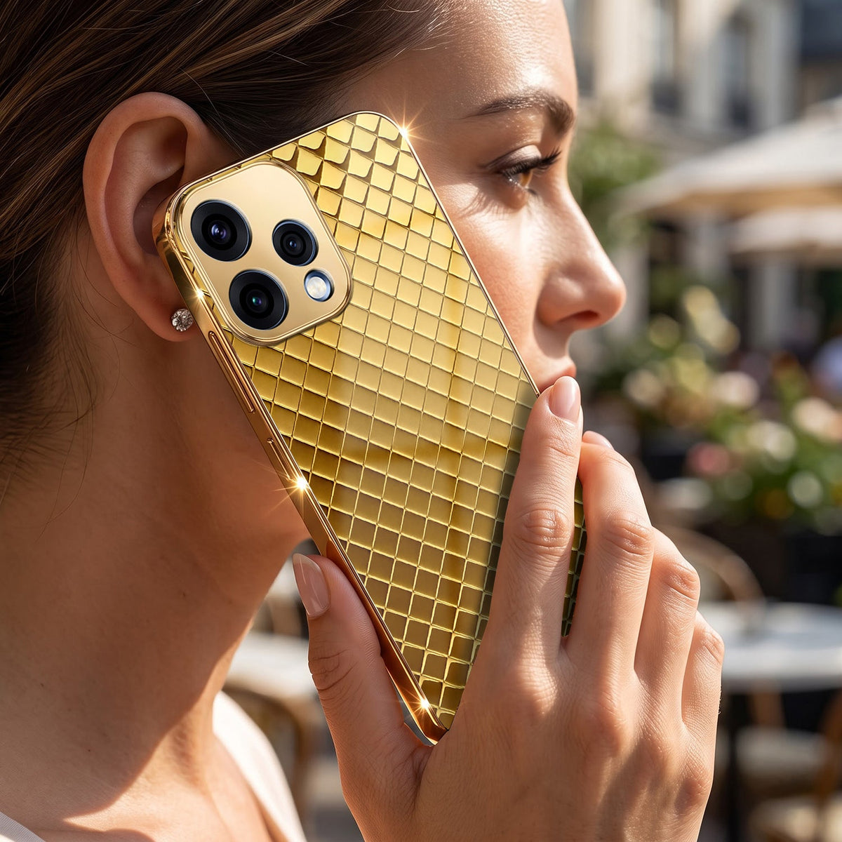 Oppo Reno 15 5G Golden Criss Cross Gold Electroplated Glass Phone Back Case