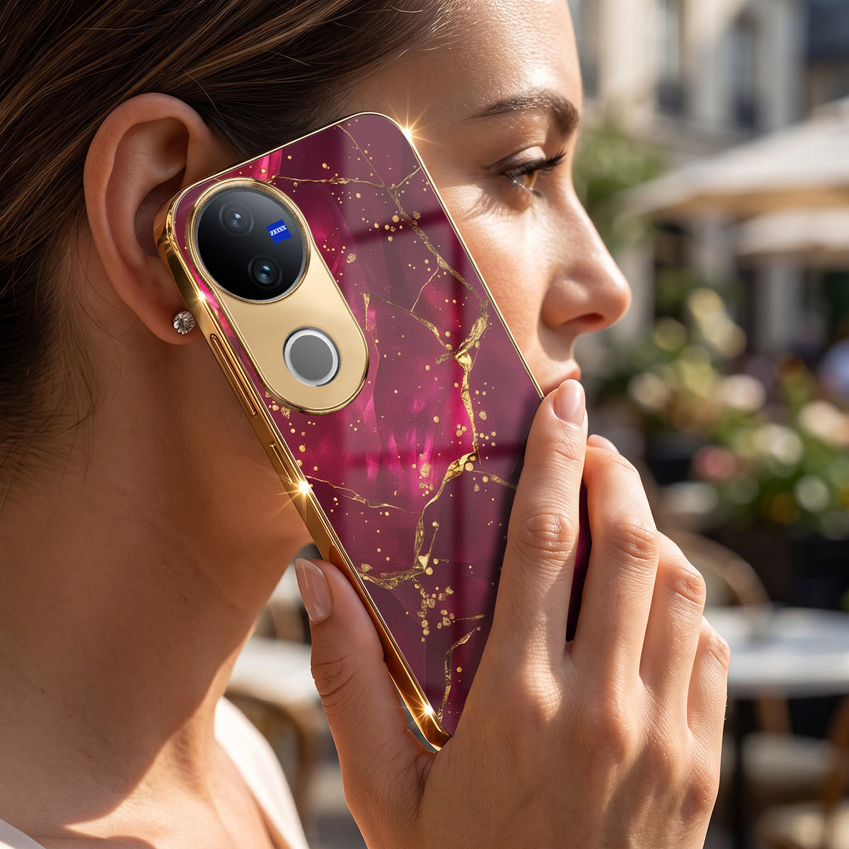 Vivo V50 5G Luxury Crimson Marble Gold Electroplated Glass Phone Back Case